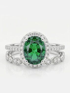 Oval Green Emerald Gemstone ring set, 925 Sterling Silver Charmed Aroma 2018